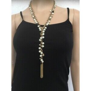 Pearl and Black Bead Lariat Necklace